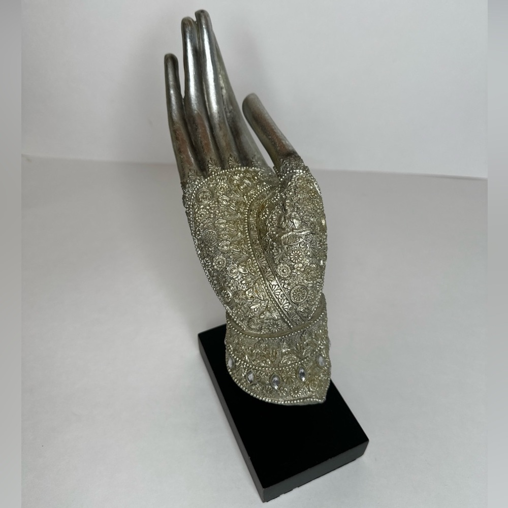Thai Buddha Hand Sculpture Mudra Silver Floral Engraving Jewelry Incense Holder